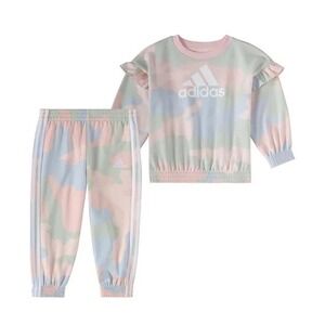 Adidas Baby Girl Pink Multi Flutter Sleeve Pullover Jogger 2-Pc Set Size 12M NWT